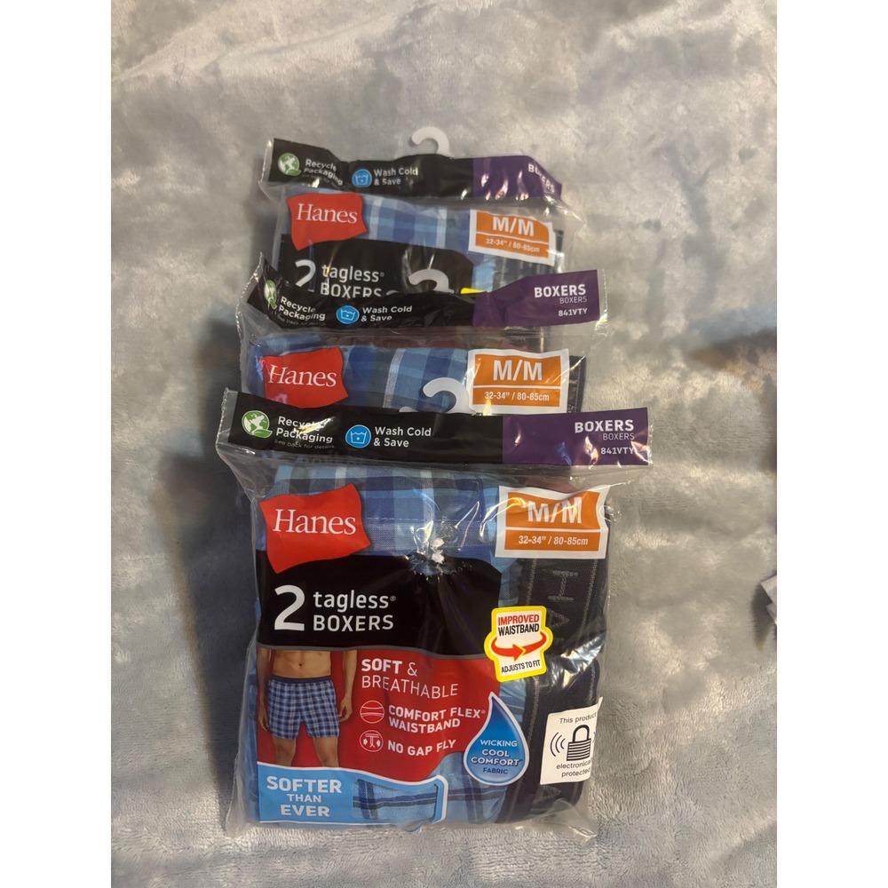 Hanes Mens Tagless Boxers 6 Pair Total 3 Packs of 2 Blue Plaid Medium 841VTY